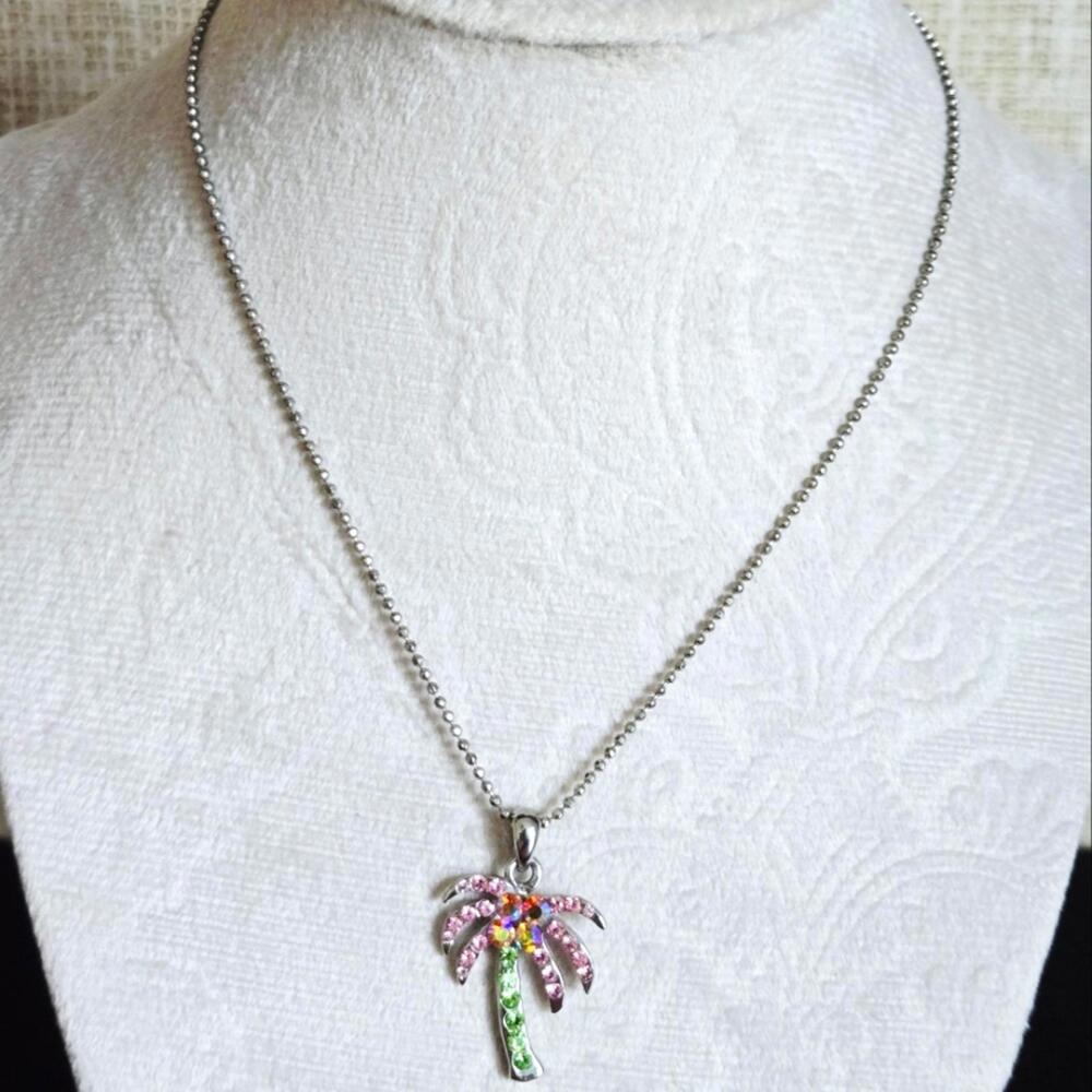 Cookie Lee Genuine Crystal Palm Tree Pendant Dainty Silver Tone Necklace - Picture 2 of 4